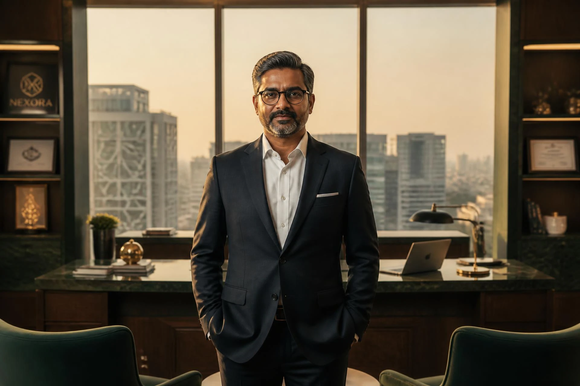 Indian CEO standing in a modern Bangalore office at golden hour