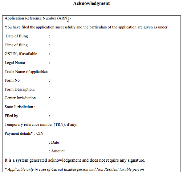 GST Registration Application Acknowledgement
