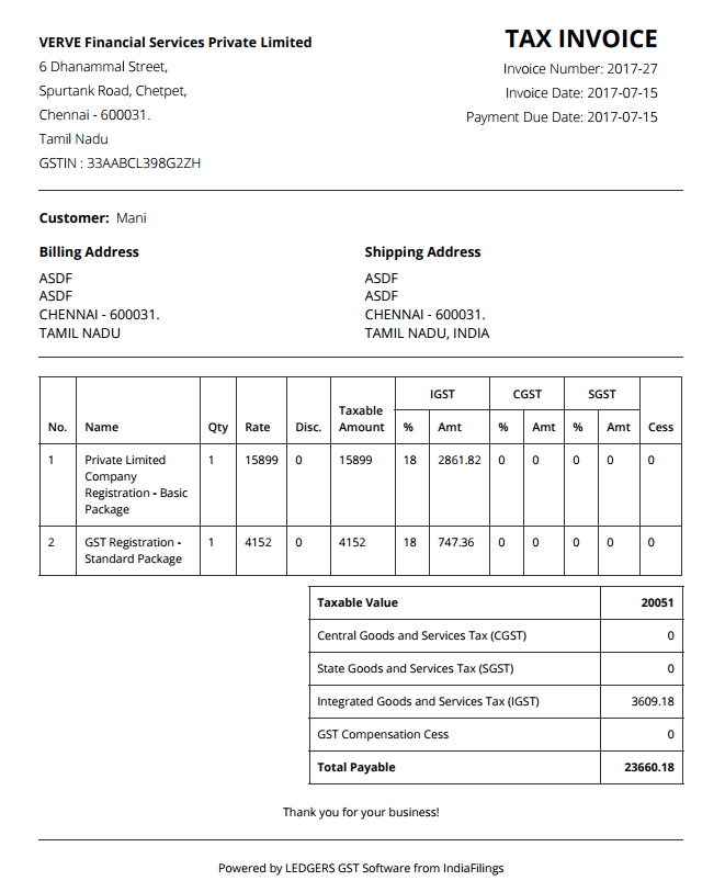 GST Invoice - Created on LEDGERS GST Software