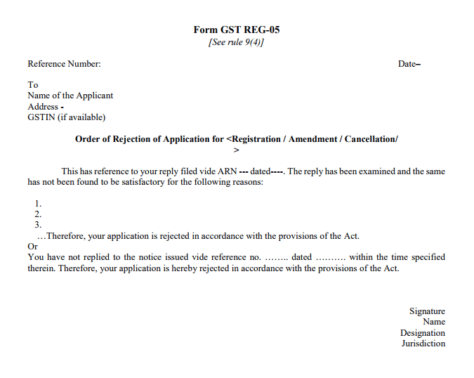 GST Registration Application Rejection Order