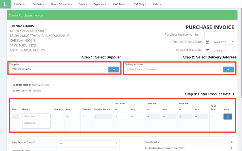 Creating a Purchase Invoice