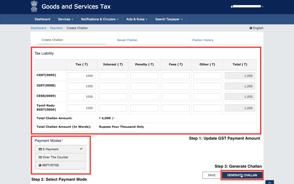 GST Payment Challan Generation process for GSTR-3B cash liability settlement