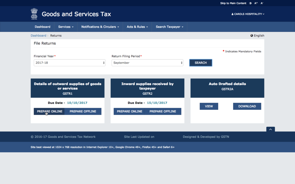 Select GSTR-1 Return Filing