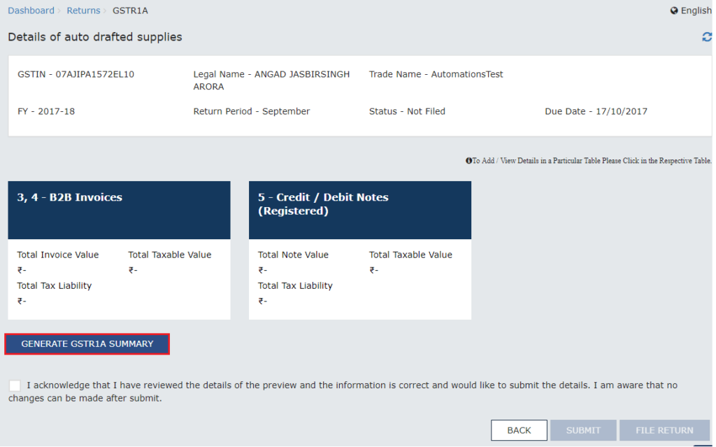 Step 2- Generate GSTR 1A Summary