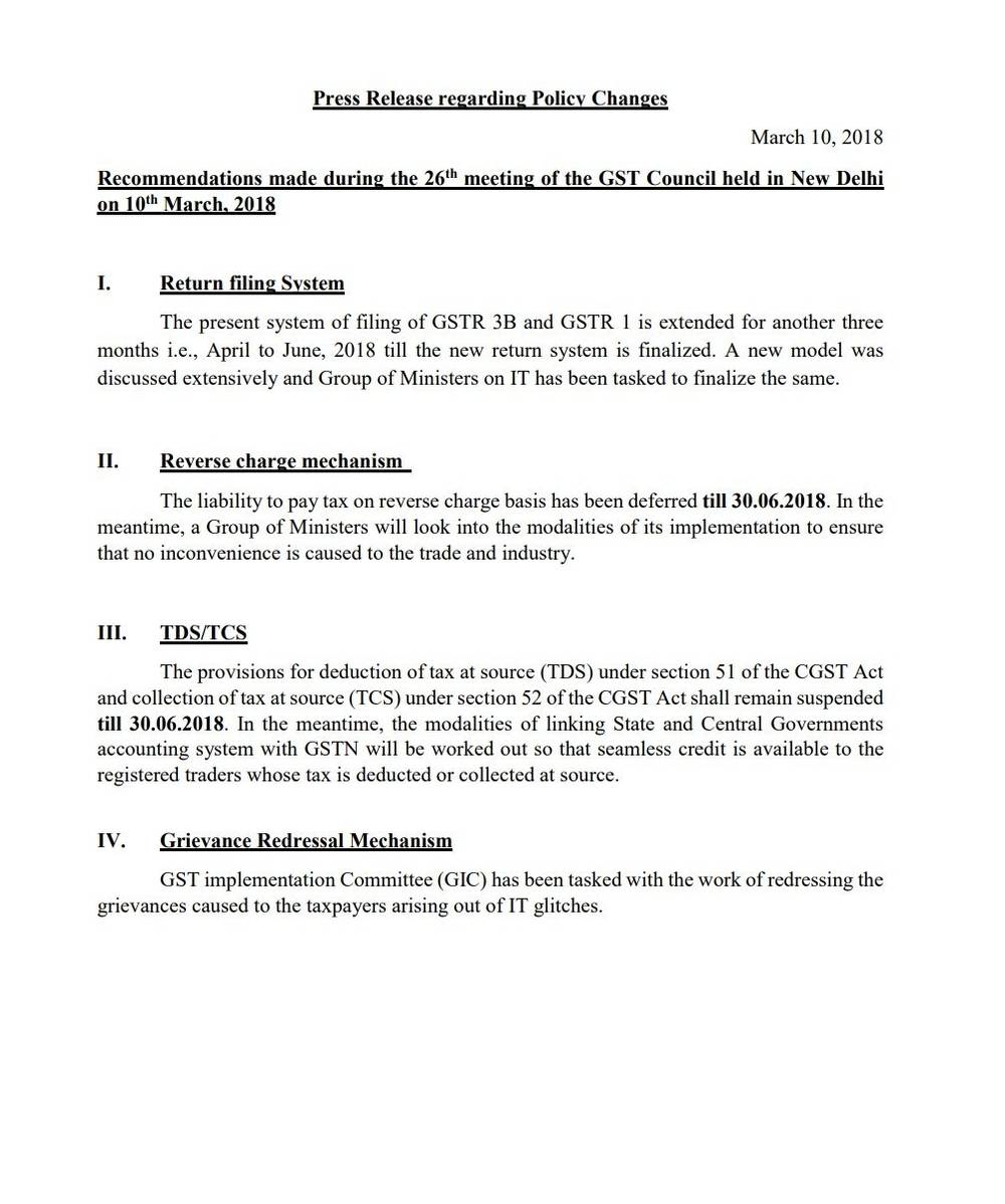 26th GST Council Meeting GSTR 3B Return Filing