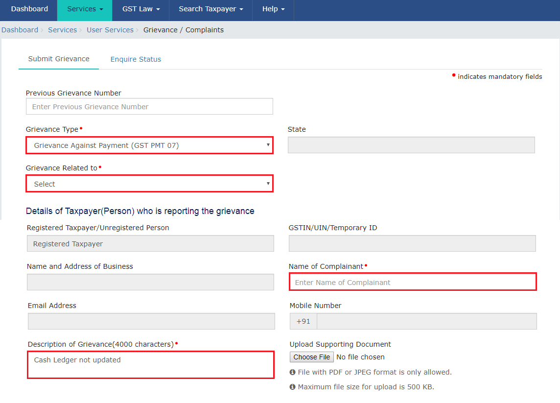 Submission of GST Help Ticket
