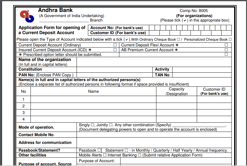 Andhra Bank Current Account