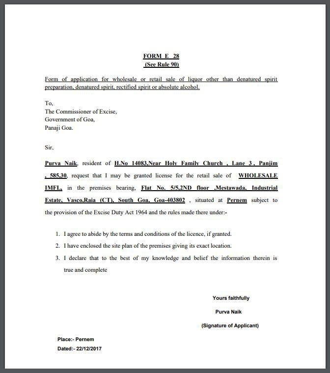 Form E28 - Liquor License in Goa