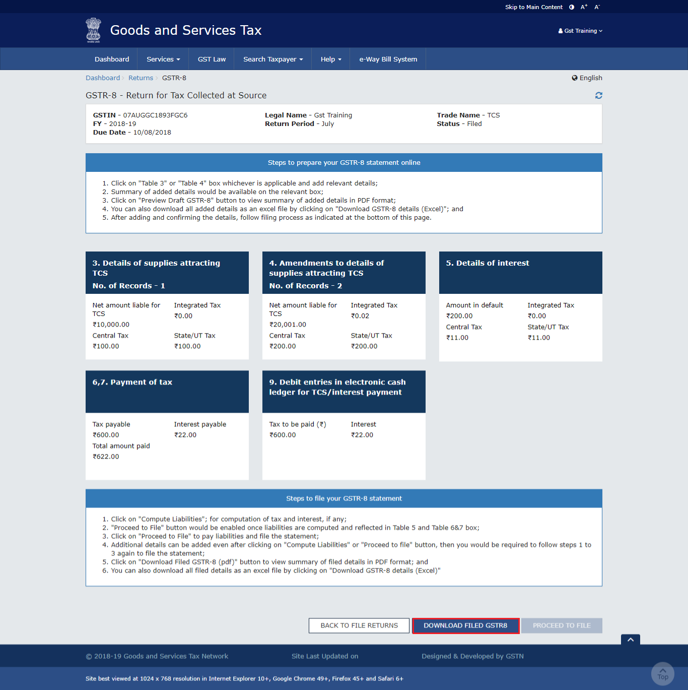 DOWNLOAD FILED GSTR8
