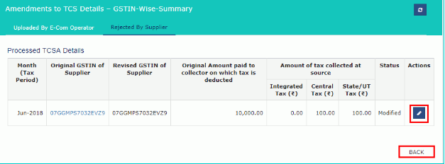 Rejected By Supplier and click back