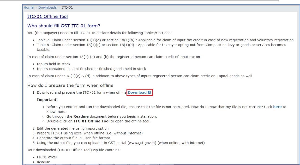 Step 3- Form GST ITC-01 Offline Tool