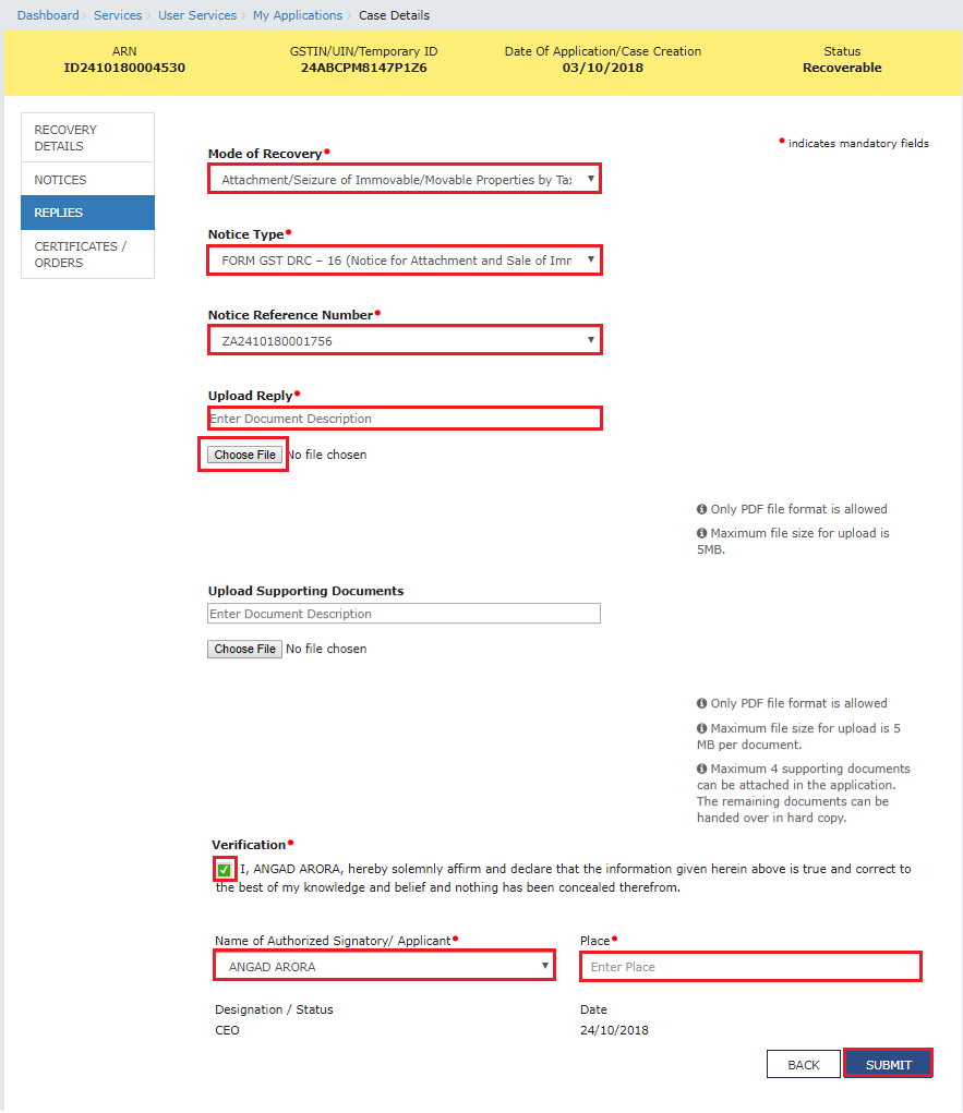 Step 5-Filing reply in Form GST DRC-22