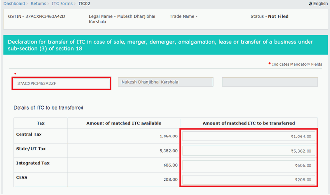 Step 5-Transfer of Matched Unutilised Input Tax Credit