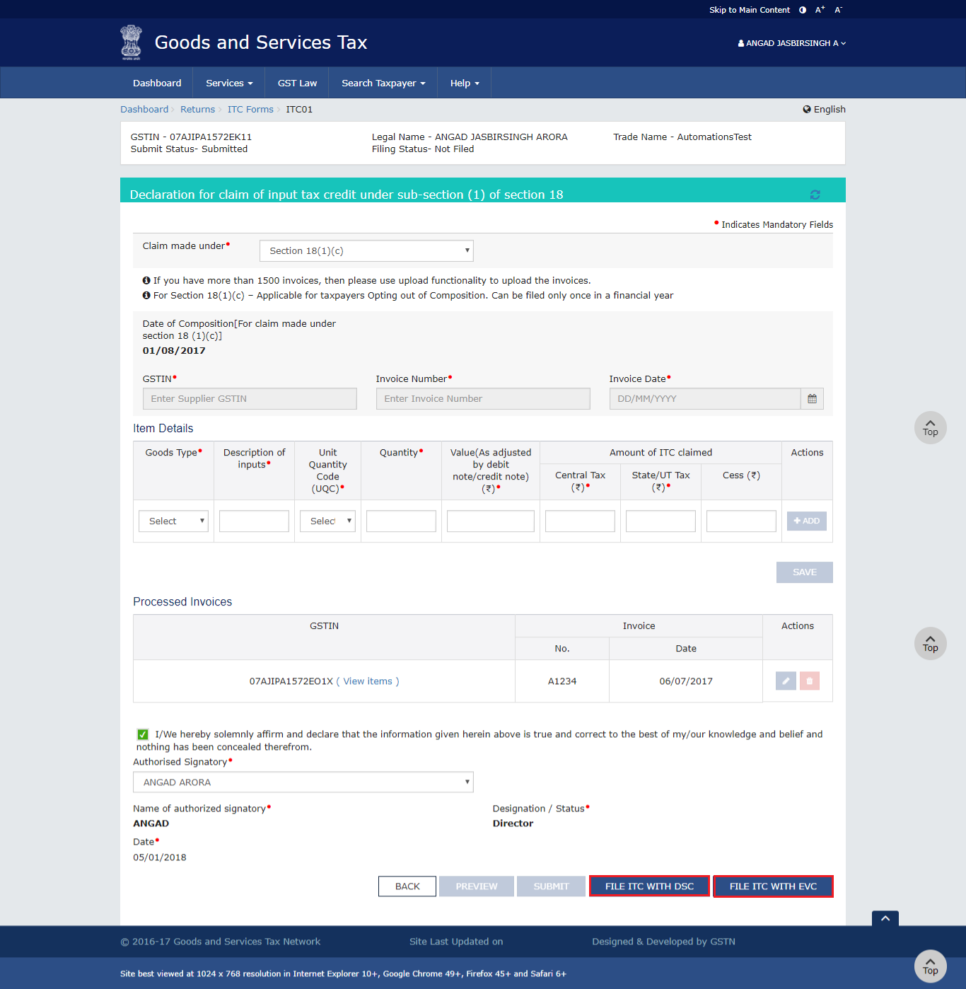 Step 8-GST Form ITC-01