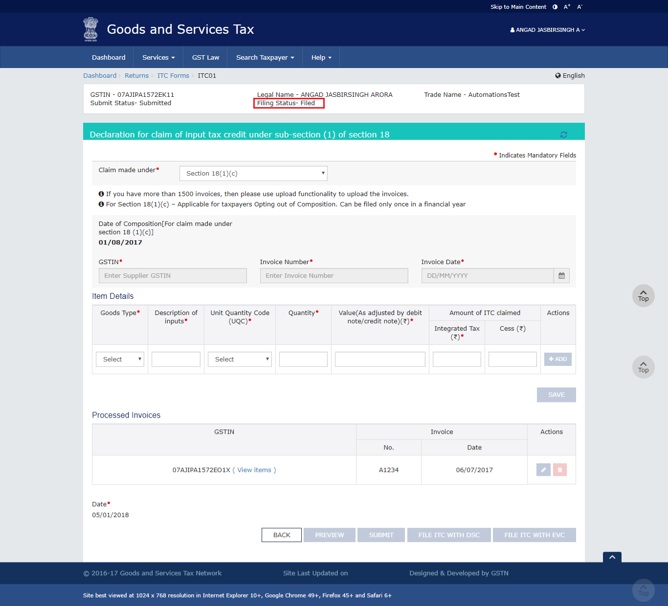 Step 9-GST Form ITC-01