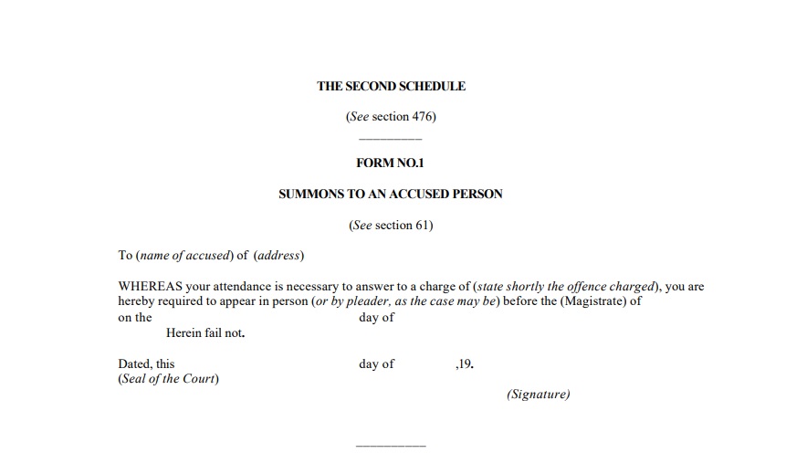 Form to Summon an Accused- CRPC