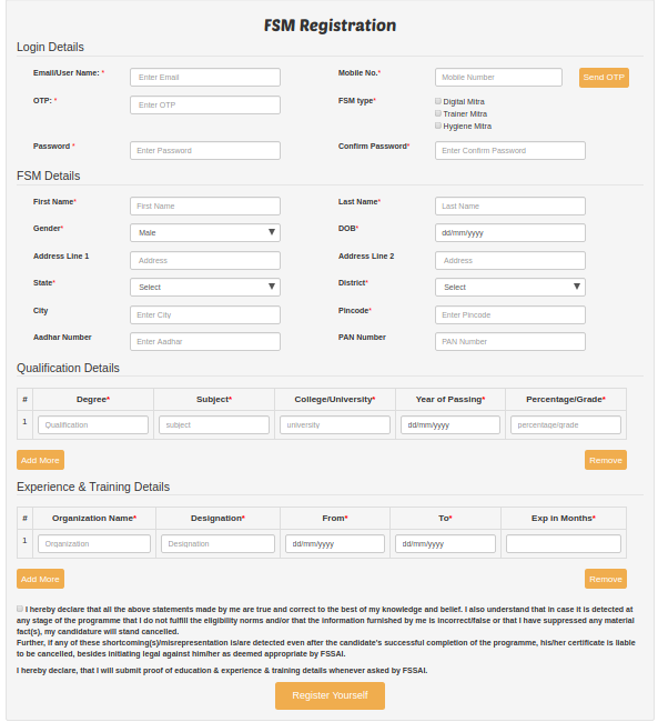 Food Safety Mitra Scheme - Application Form