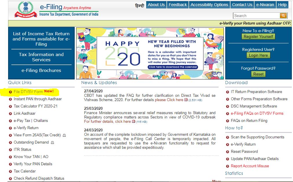 e-Filing of DTVSV Form - Home Page