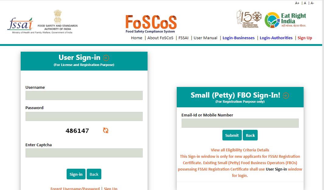 Food Safety and Compliance System (FoSCoS) - User Login Page