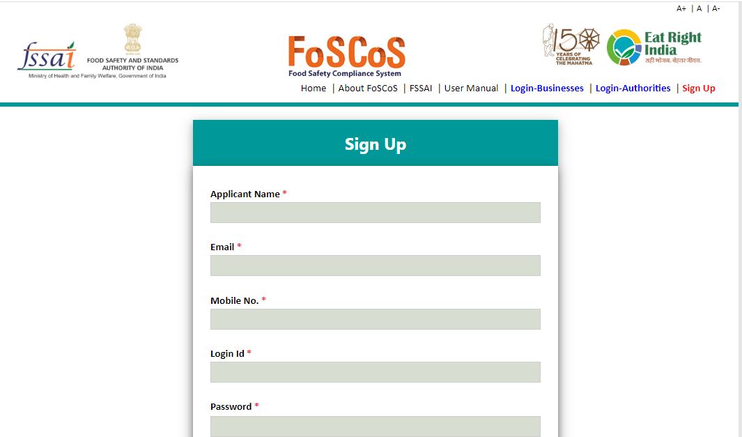 Food Safety and Compliance System (FoSCoS) - User Registration
