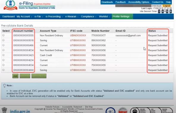Pre-validation of Bank Account for Income Tax Refund