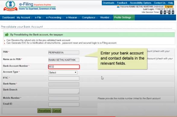 Pre-validation of Bank Account for Income Tax Refund
