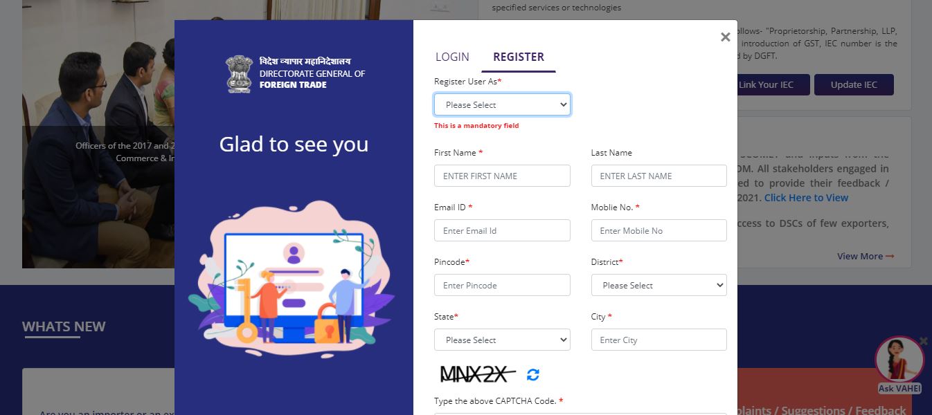DGFT Online Deemed Exports Application Module - Register