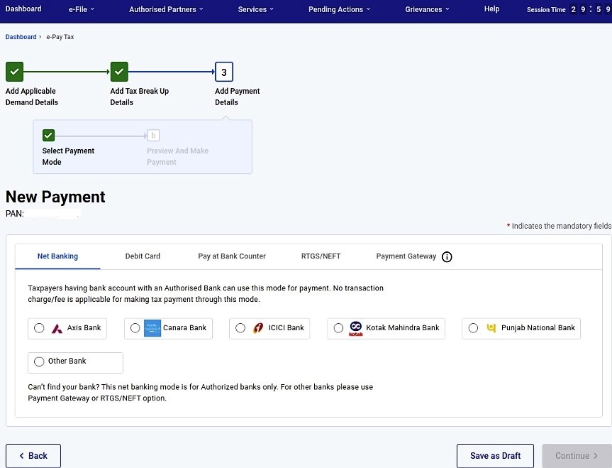 Select the payment mode from the available options and click ‘Continue’ 