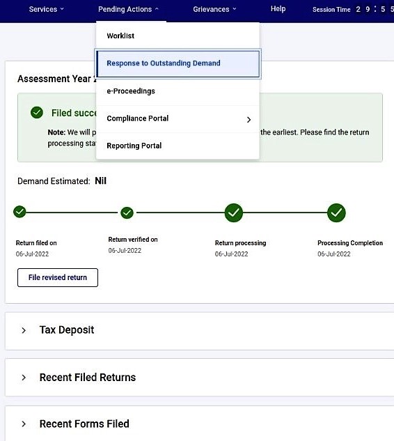 Under ‘Pending Actions’, select ‘Response to Outstanding Demand’